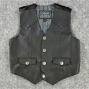 Cody James Vest Kids Small Western Black Faux Leather‎ Gunslinger Steer Snaps